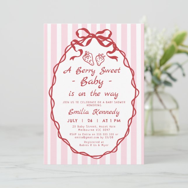 Hand Drawn Red Berry Strawberry Baby Shower  Invitation (Standing Front)