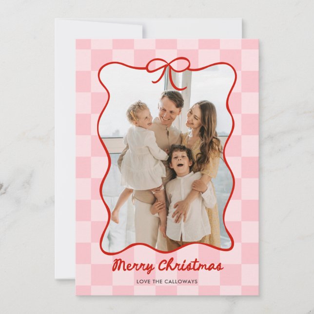 Hand Drawn Red Bow Frame Checkered Photo Holiday Card (Front)