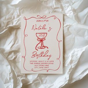Hand Drawn Red Bow Martini 30th 50th 40th Birthday Invitation