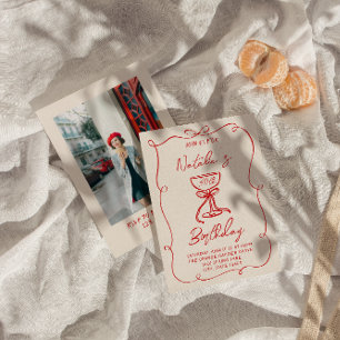 Hand Drawn Red Bow Martini 30th Photo Birthday Invitation