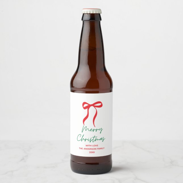 Hand drawn Red Bow Merry Christmas Beer Bottle Label (Front)