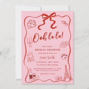 Hand Drawn Red Bow Paris Bridal Shower Invitation