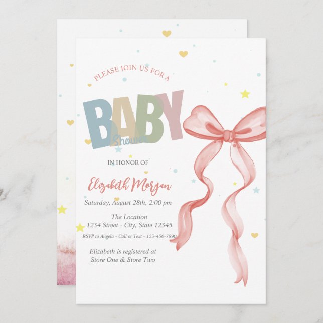Hand Drawn Red Bow Stars Hearts Baby Shower Invitation (Front/Back)