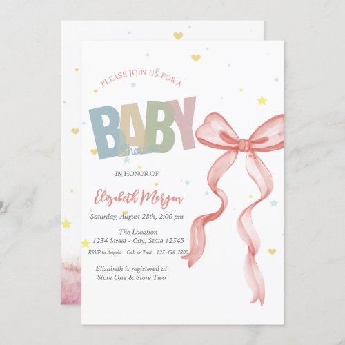 Hand Drawn Red Bow Stars Hearts Baby Shower Invitation