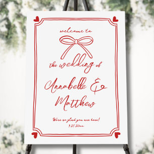 Hand Drawn Red Bow Whimsical Wedding Welcome Sign