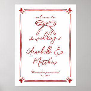 Hand Drawn Red Bow Whimsical Wedding Welcome Sign