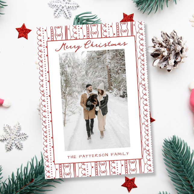 Hand Drawn Red Bows Doodle Pattern Photo Christmas Holiday Card (Creator Uploaded)