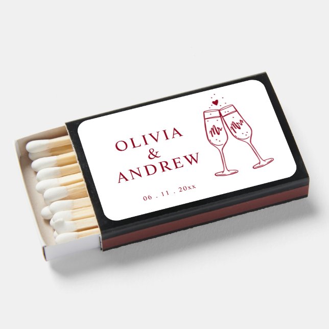 Hand Drawn Red Champagne Glass Mr and Mrs Wedding Matchboxes (Front Open)