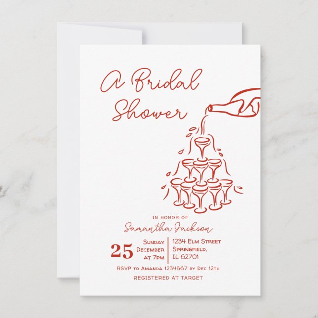 Hand-Drawn Red Champagne Tower Bridal Shower Invitation (Front)