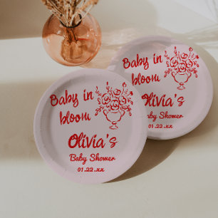 Hand Drawn Red Floral Bouquet Baby In Bloom Shower Paper Plates