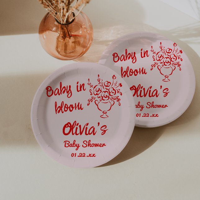 Hand Drawn Red Floral Bouquet Baby In Bloom Shower Paper Plates (Creator Uploaded)