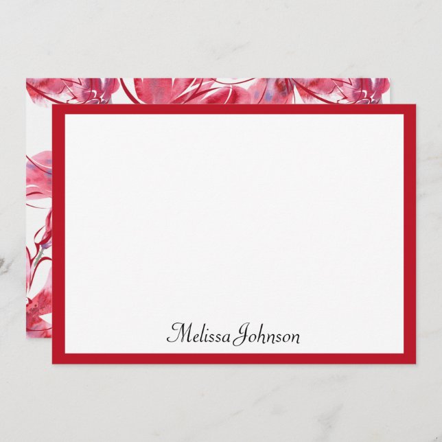 Hand Drawn Red Floral Personalized Note Card (Front/Back)