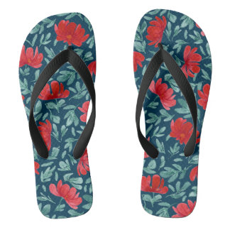Hand drawn red flowers on blue background flip flops