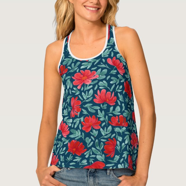 Hand drawn red flowers on blue background tank top (Front)