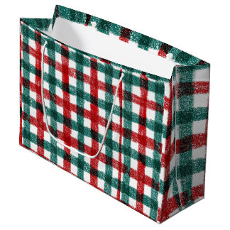 Hand Drawn Red & Green Christmas Plaid Pattern Large Gift Bag