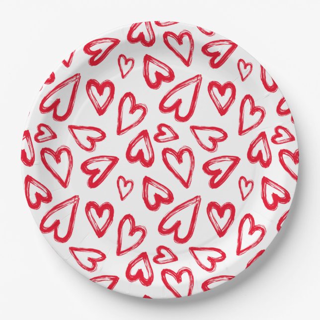 Hand Drawn Red Hearts Paper Plates (Front)