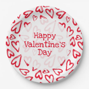 Hand Drawn Red Hearts Valentine's Day Paper Plates