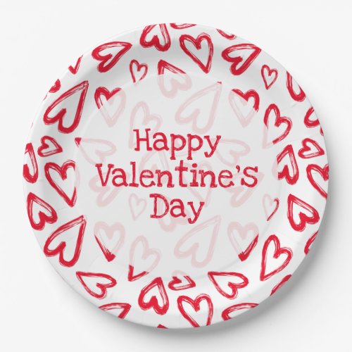 Hand Drawn Red Hearts Valentines Day Paper Plates