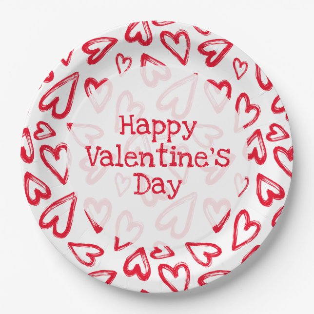 Hand Drawn Red Hearts Valentine's Day Paper Plates (Front)