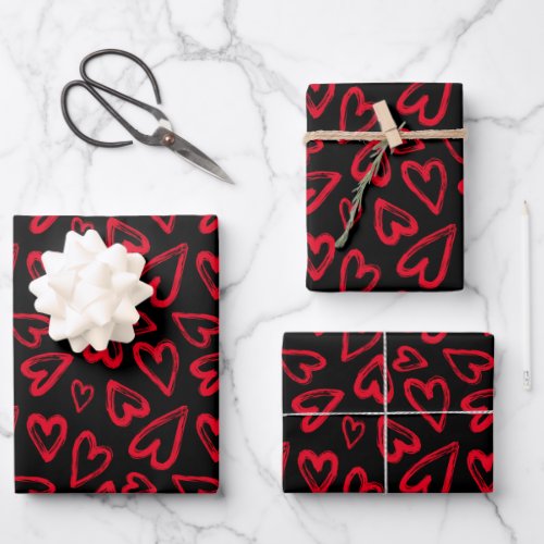 Hand Drawn Red Hearts Valentines Day Wrapping Paper Sheets