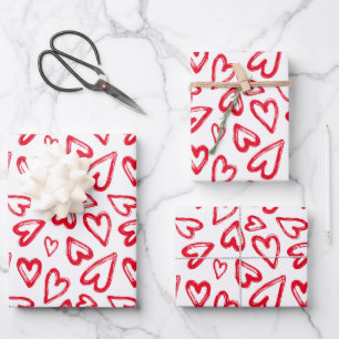 Hand Drawn Red Hearts Valentine's Day Wrapping Paper Sheets