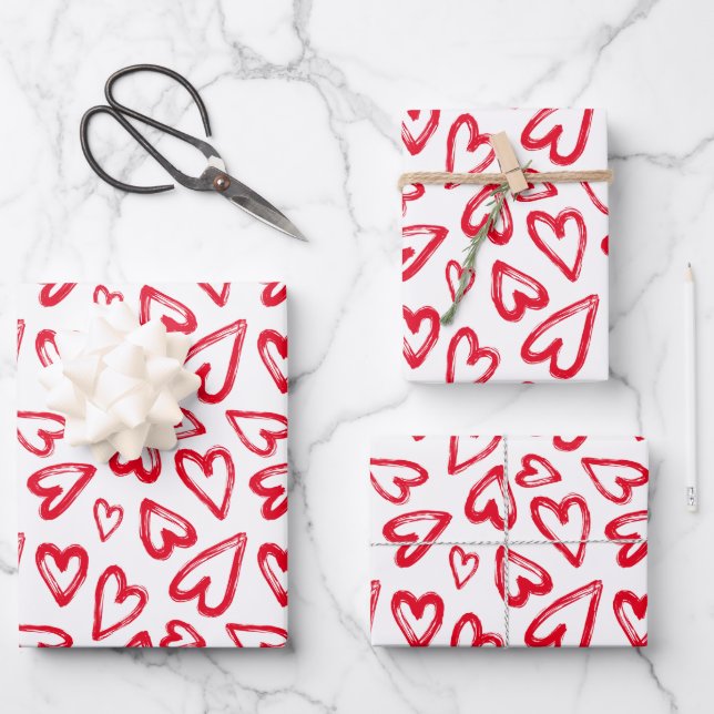 Hand Drawn Red Hearts Valentine's Day Wrapping Paper Sheets (Front)