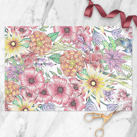 Hand-Drawn Red Orange Yellow Flowers and Leaves
