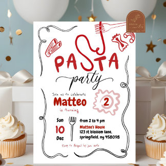 Hand Drawn Red Pasta Party Birthday Invitation