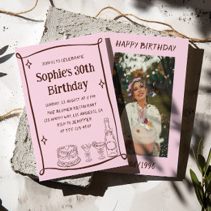 Hand Drawn Red & Pink 30TH Birthday Photo Invitation