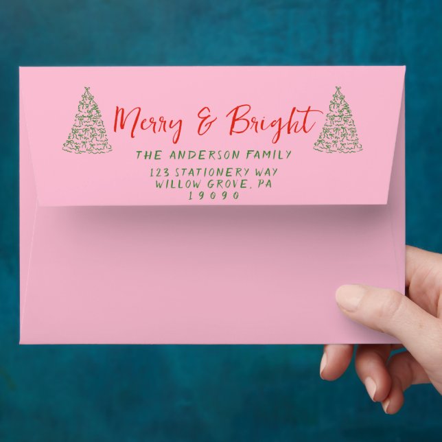  Hand Drawn Red Pink Bow Trees Merry Christmas  Envelope (Hand)