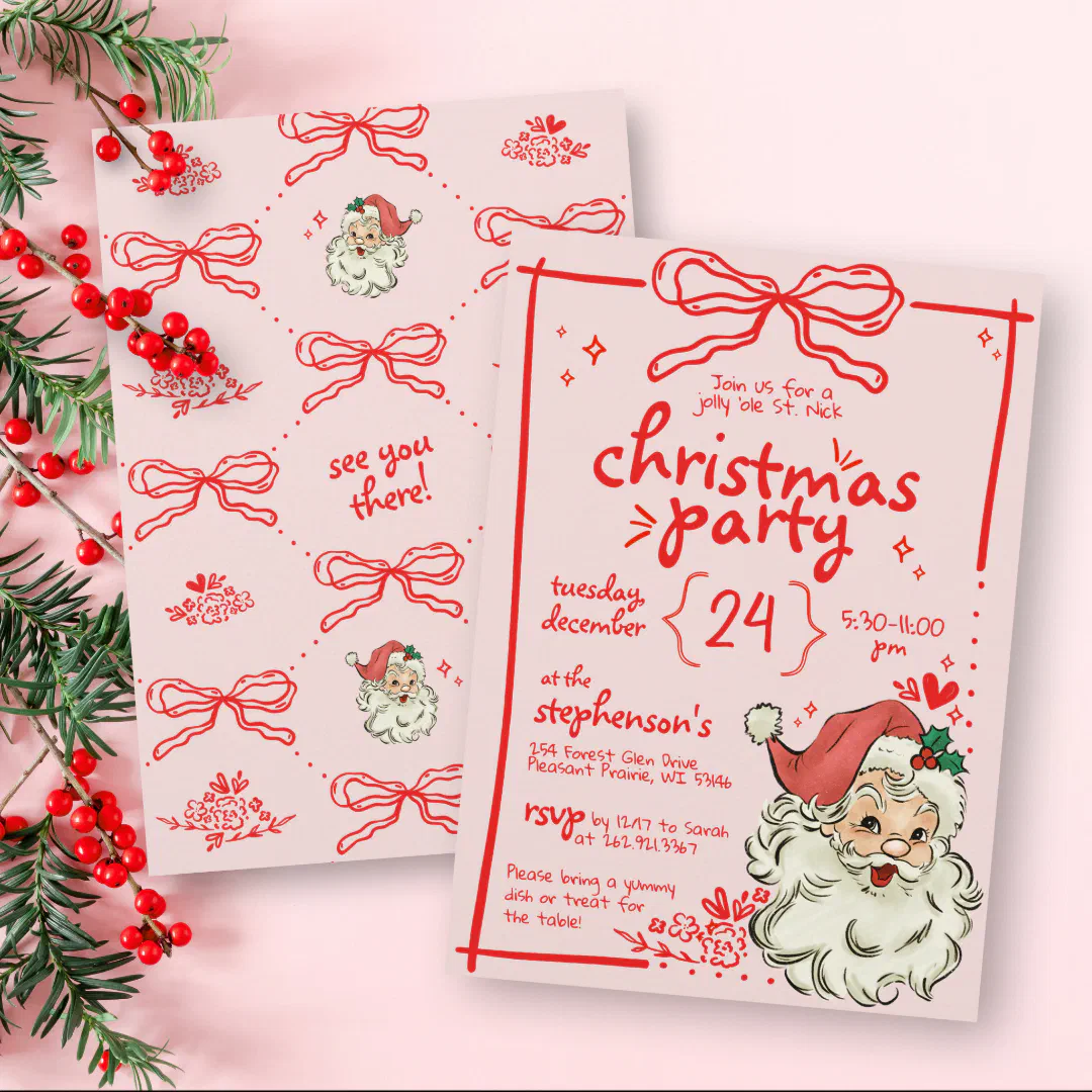 Hand Drawn Red Pink Bow Vintage Santa Christmas Invitation
