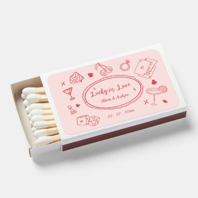Hand Drawn Red Pink Funky Lucky In Love wedding Matchboxes (Front Open)