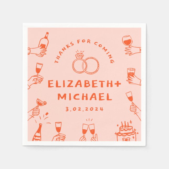 Hand drawn Red  Pink Funky Wedding  Napkins (Front)