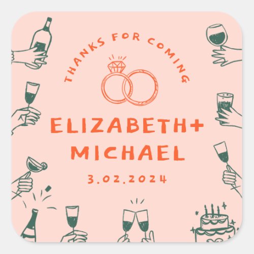 Hand drawn Red  Pink Funky Wedding  Square Sticker