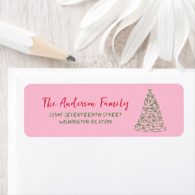 Hand Drawn Red Pink Green Ribbons Tree Christmas Label (Insitu)