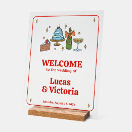 Hand Drawn Red Playful Whimsical Wedding Welcome Acrylic Sign