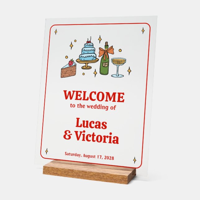 Hand Drawn Red Playful Whimsical Wedding Welcome Acrylic Sign (Angle)