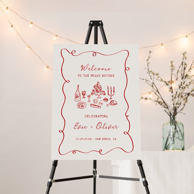 Hand Drawn Red Rehearsal Dinner Welcome Foam Board (In Situ (Stand))