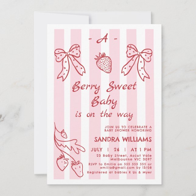 Hand Drawn Red Strawberry Baby Shower  Invitation (Front)