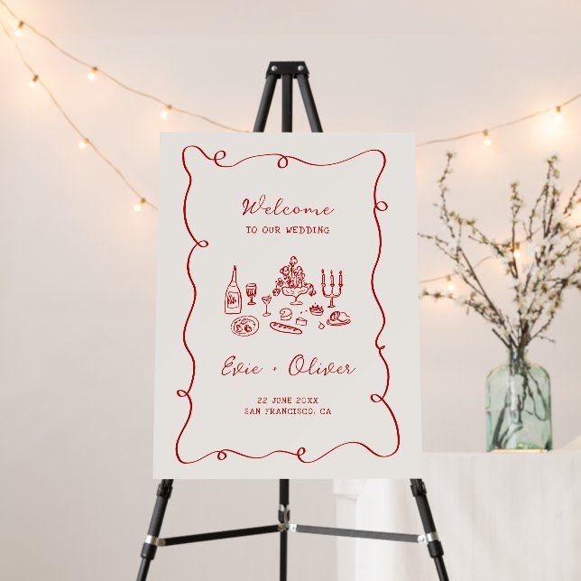 Hand Drawn Red Wedding Welcome Foam Board (In Situ (Stand))