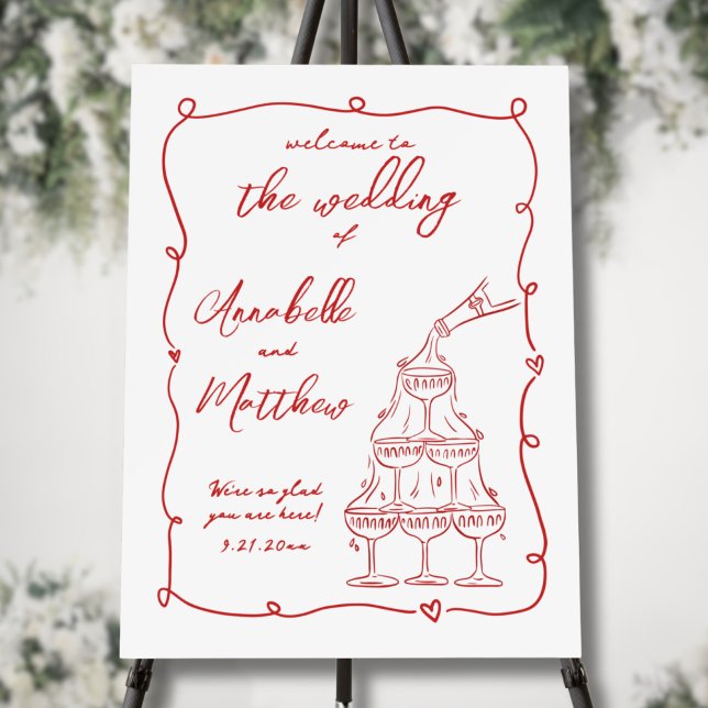 Hand Drawn Red Whimsical Wedding Welcome Sign (Hand Drawn Red Whimsical Wedding Welcome Sign)