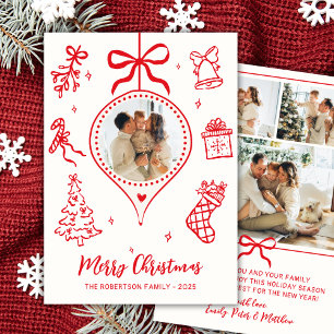 Hand-Drawn Red White Doodle Photo Merry Christmas Holiday Card