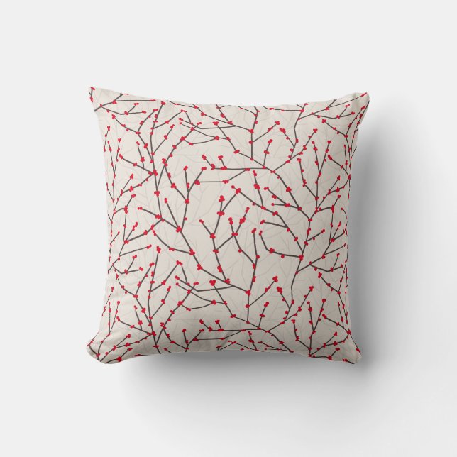 Hand-drawn Red Winterberry Branches Holiday Throw Pillow (Front)