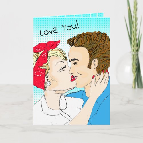 Hand drawn Retro Art Couples Love You Card