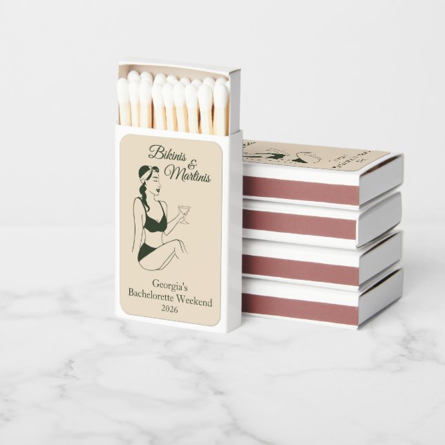Hand Drawn Retro Bikinis & Martinis Bachelorette Matchboxes (Stacked)