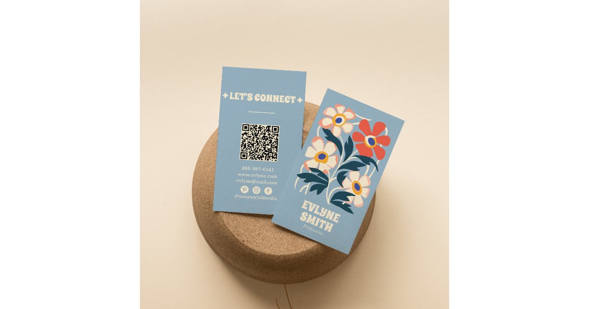 Hand Drawn Retro Blue QR Code Boho Floral Trendy Business Card | Zazzle
