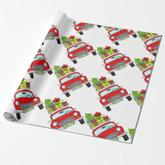 Hand drawn retro Christmas car Wrapping Paper | Zazzle