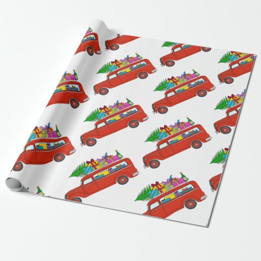 Hand drawn retro Christmas car Wrapping Paper | Zazzle