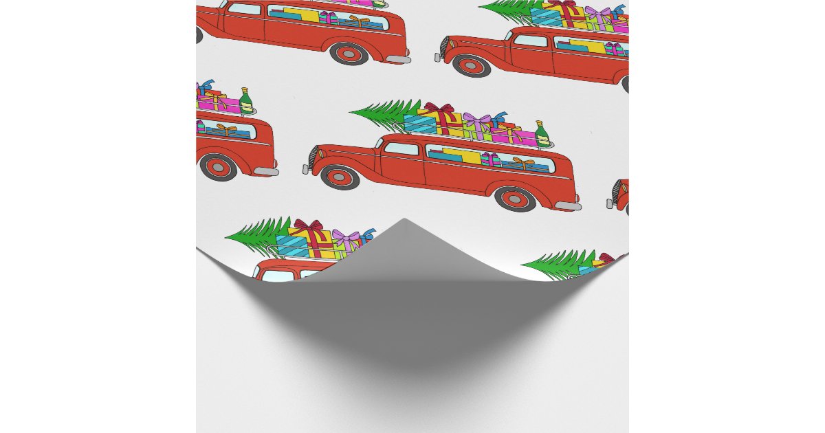 Hand drawn retro Christmas car Wrapping Paper | Zazzle