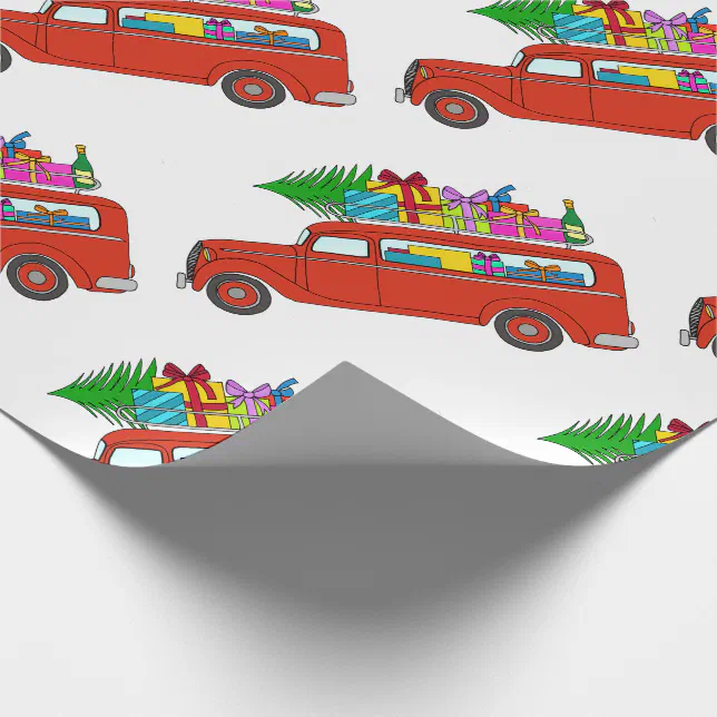 Hand drawn retro Christmas car Wrapping Paper | Zazzle